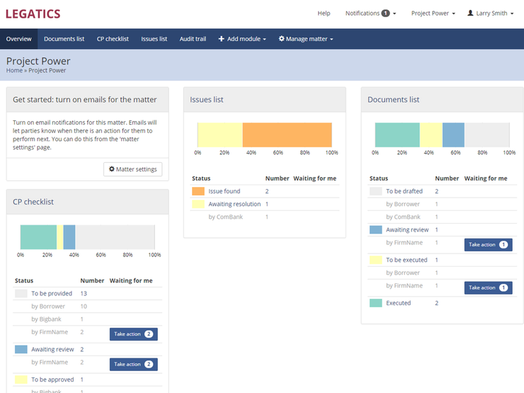 Legatics dashboard, Project Power