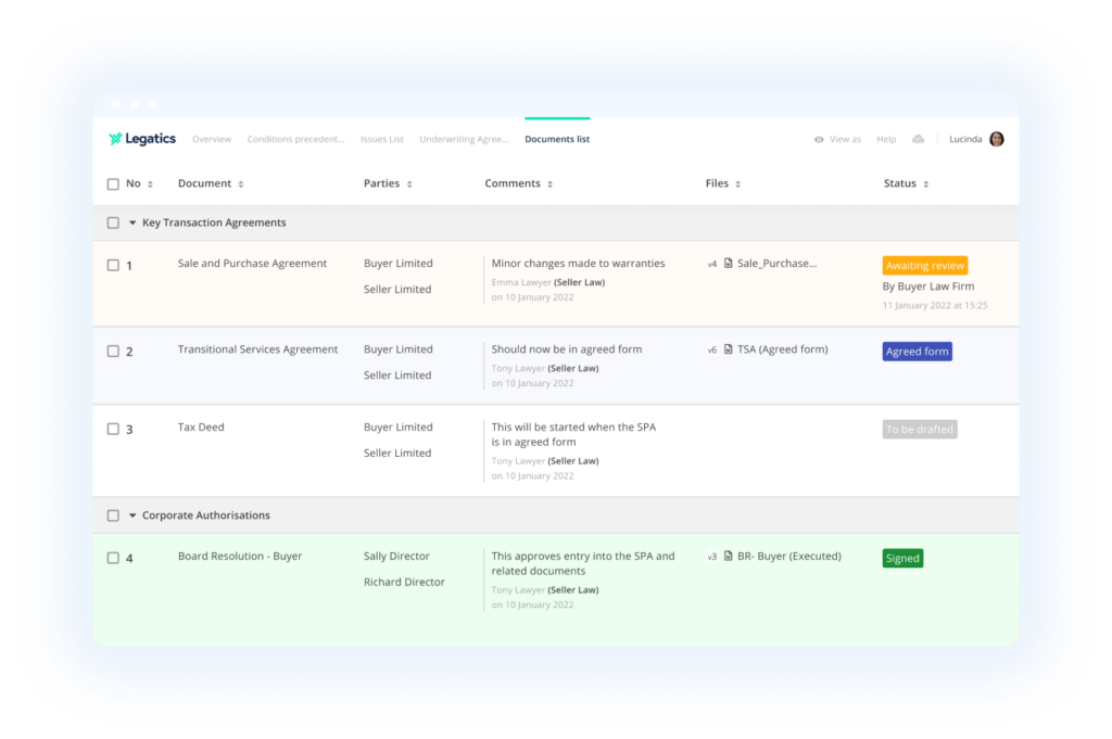 The Legatics dashboard on Documents List screen