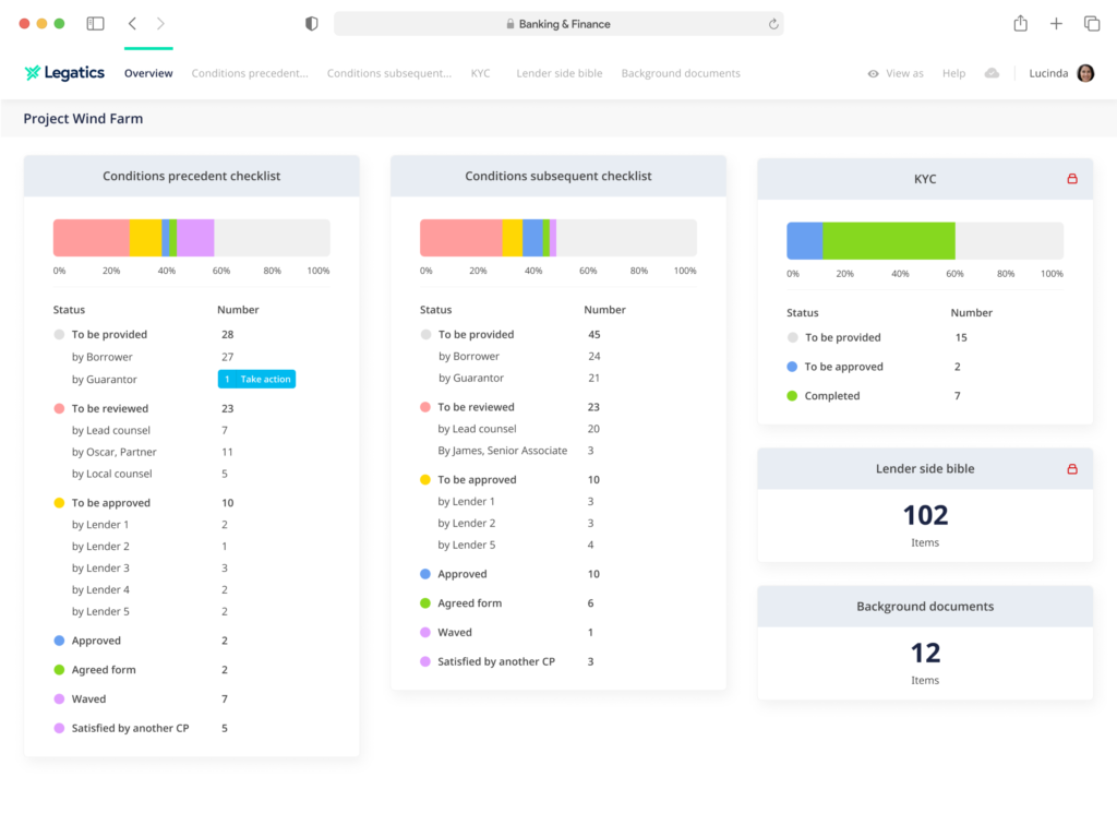 Legatics dashboard banking and finance screen