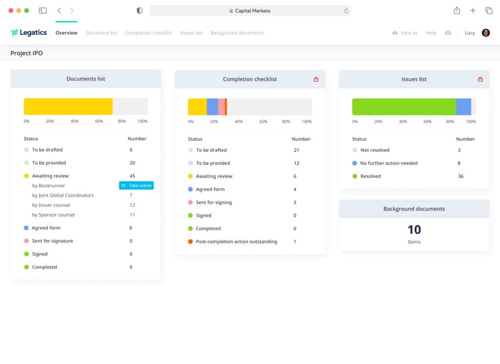 Legatics dashboard capital markets screen