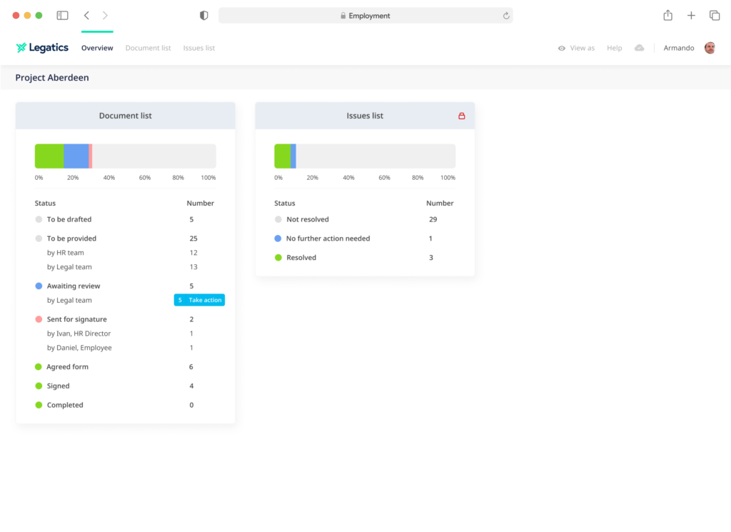 Legatics dashboard employment screen