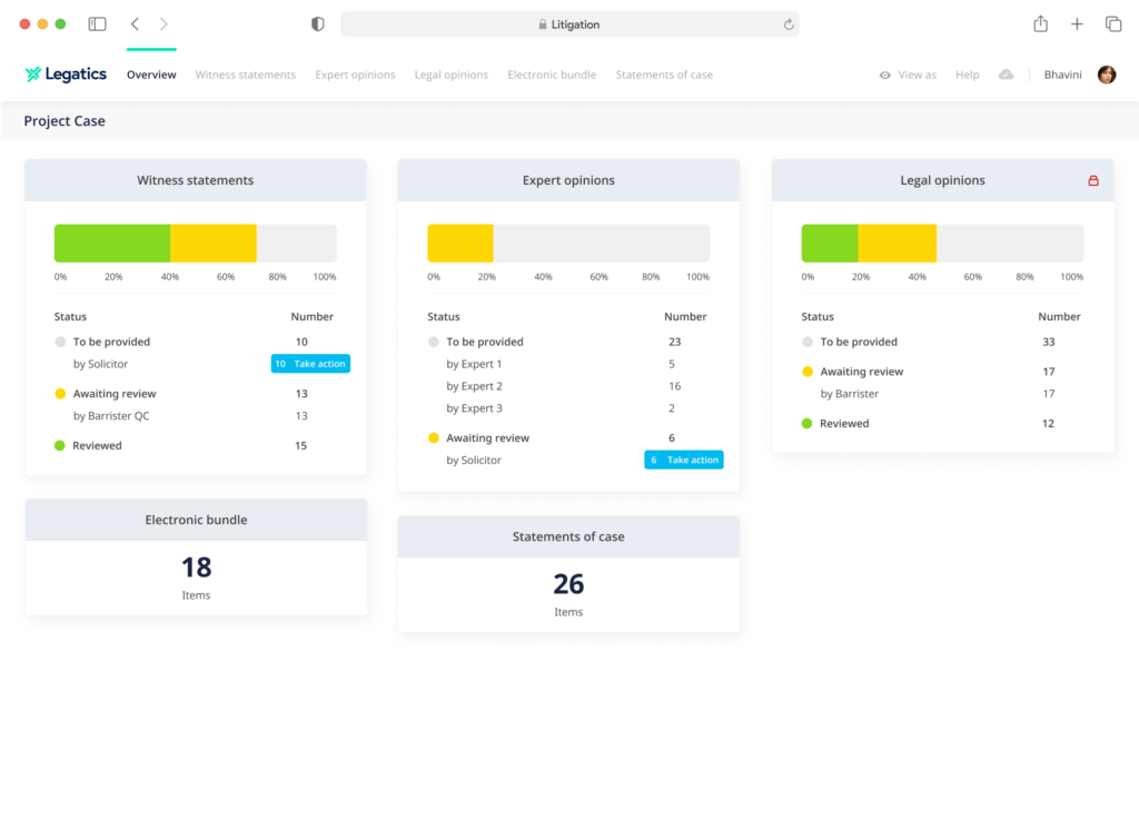 Legatics dashboard litigation screen