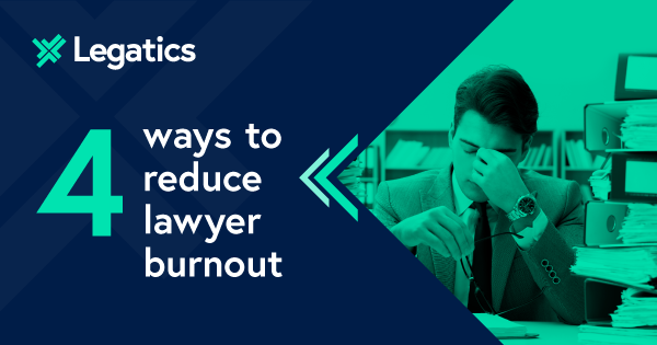 A graphic of a man with head down reading 4 ways to reduce lawyer burnout