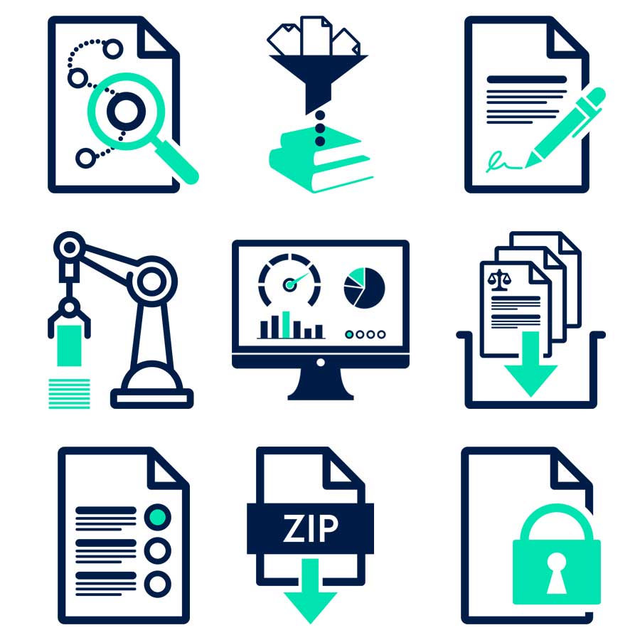 a nine by nine grid of icons related to document management